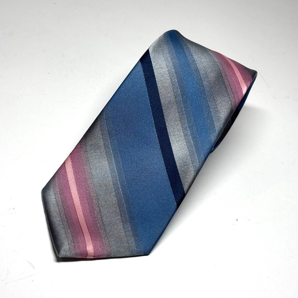 Vtg Wembley Repp Necktie Mens Blue Pink Grey Polysilk Striped Luxury Tie Formal